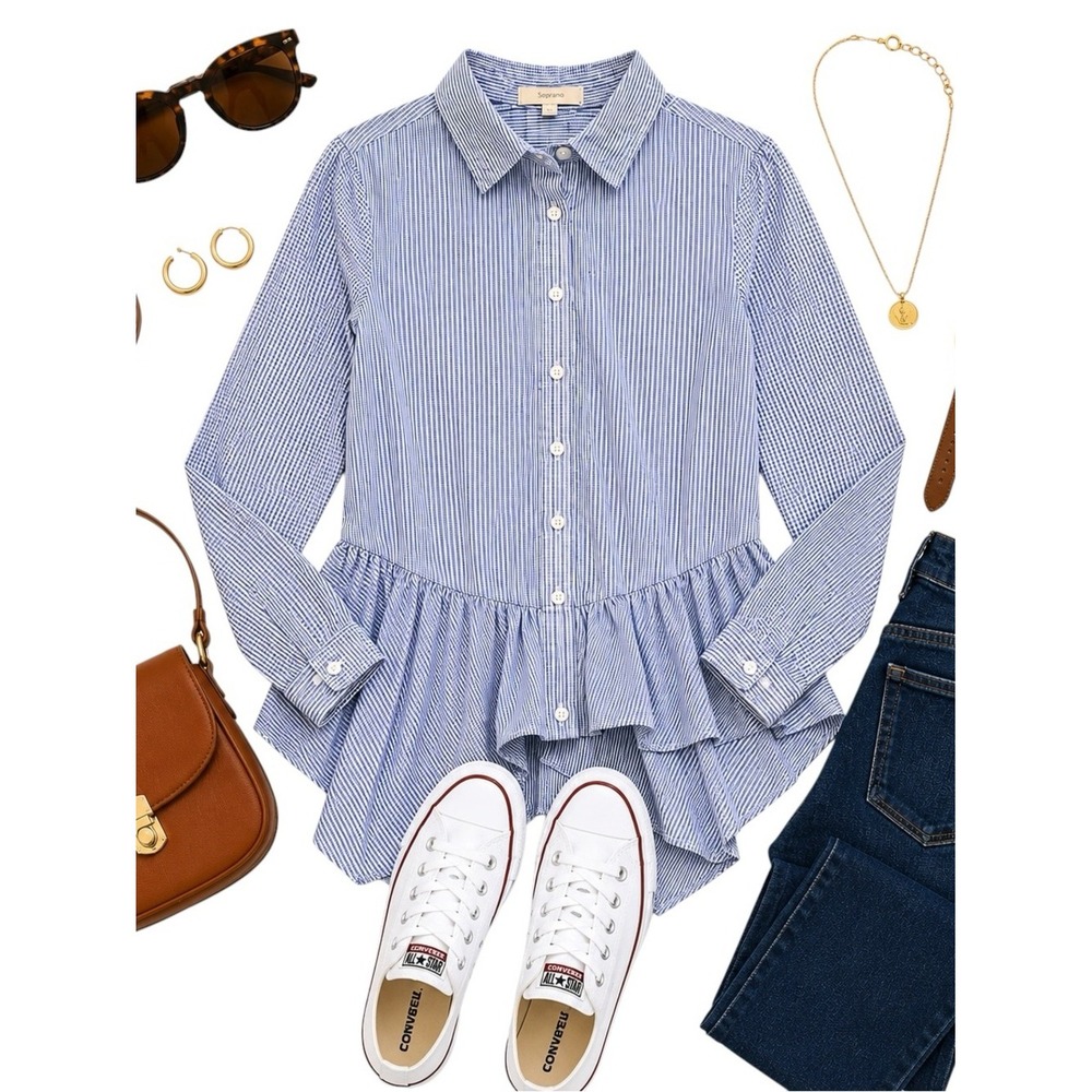 Soprano Blue White Stripe Peplum Button Front Cotton Blouse Women's Small YL EUC